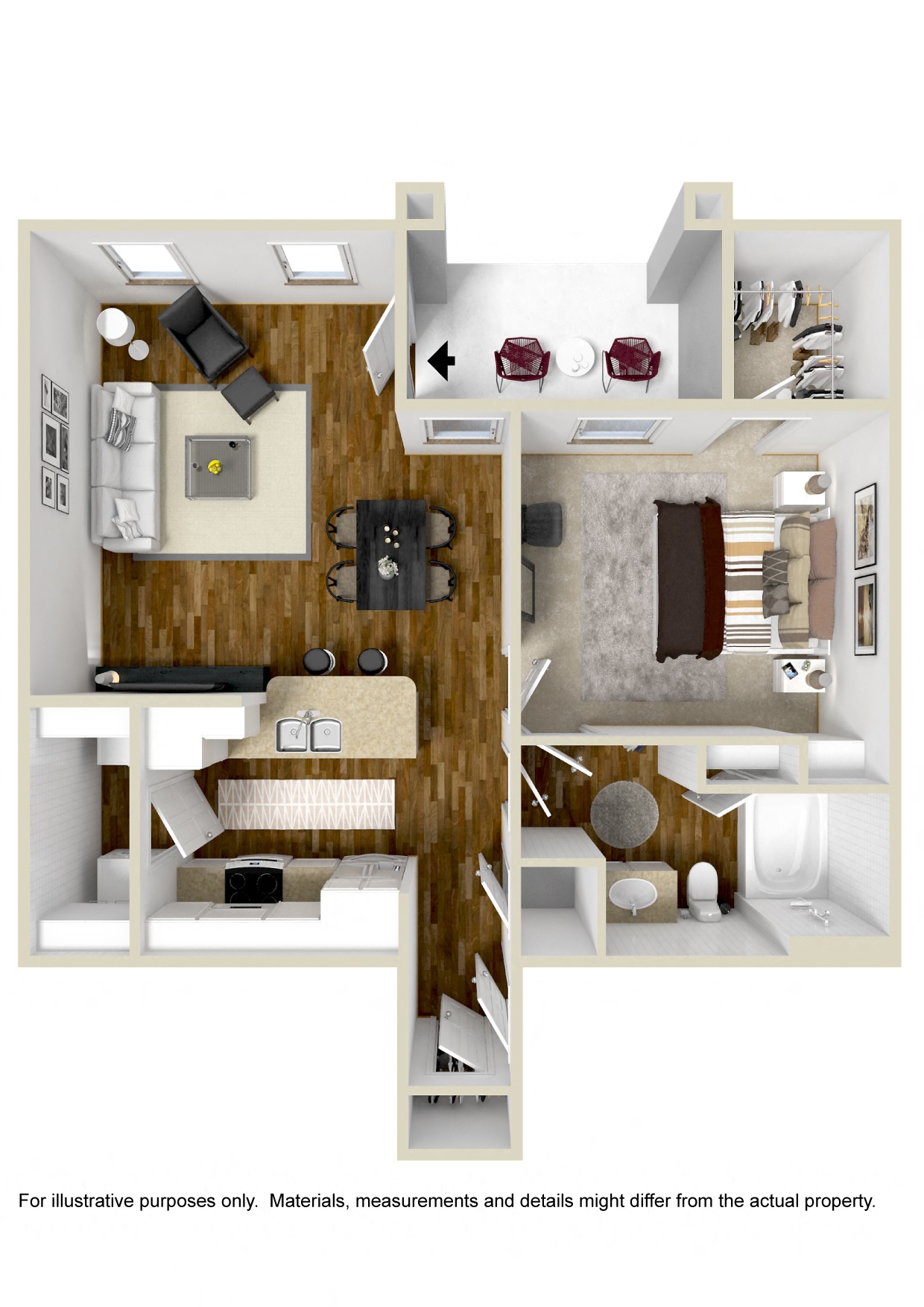 Floor plan for 1 bed, 1 bath, 757 sqft